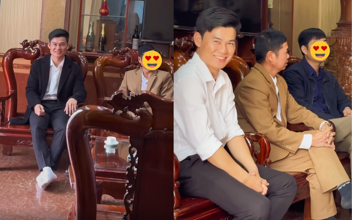 Chồng sắp cưới của Hòa Minzy cười tươi rói, không giấu khỏi sự hồi hộp khi cùng gia đình đến hỏi cưới nữ ca sĩ. Ảnh: FBNV