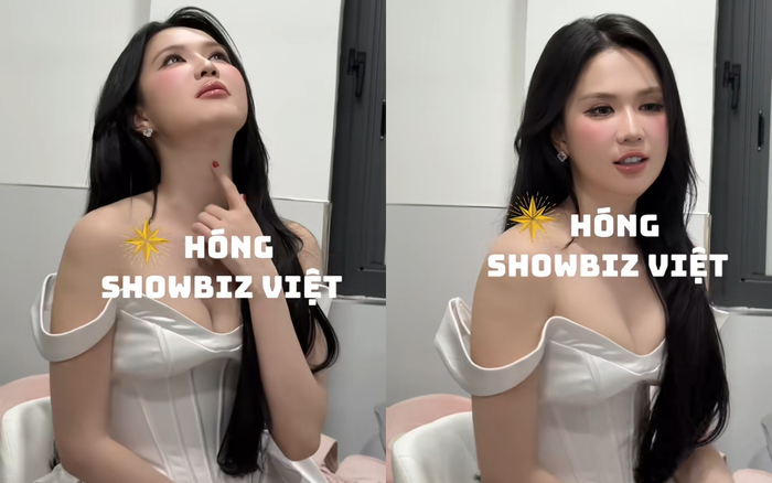 Ngọc Trinh chỉ vết lấy nọng mỡ ở cằm khi ở hậu trường. Ảnh: Hóng Showbiz Việt