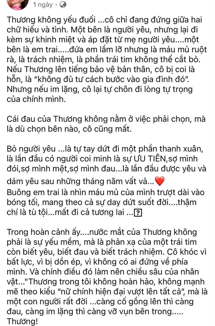 Nữ diễn viên chia sẻ trên trang cá nhâ, cho thấy cô đã dành nhiều tâm huyết để lột tả thế giới nội tâm phức tạp và đầy tổn thương của nhân vật Thương. - Ảnh chụp màn hình FBNV
