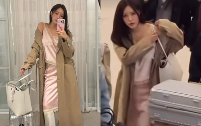 Hyomin không ngần ngại mặc váy ngủ màu hồng ra sân bay khi có chuyến đi nước ngoài. Ảnh: IGNV