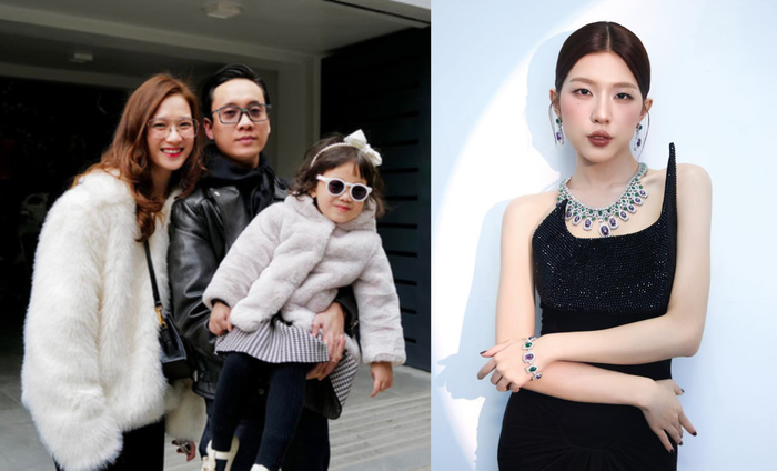 JustaTee cùng bà xã Trâm Anh và con gái Cici (bên trái). Nữ ca sĩ trẻ Lamoon (bên phải)