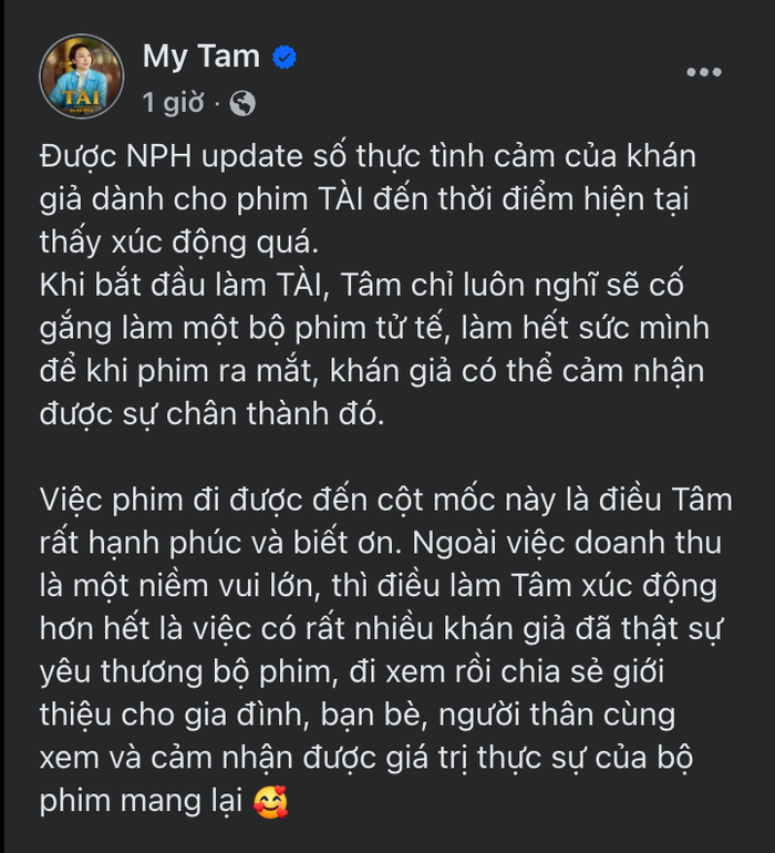Mỹ Tâm hạnh phúc và biết ơn khi bộ phim Tài nhận được sự hưởng ứng tích cực từ khán giả. - Ảnh chụp màn hình FBNV
