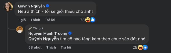 Quỳnh Kool nhanh chóng tung hứng với đàn anh bên dưới bức ảnh Mạnh Trường đăng tải. - Ảnh: FBNV