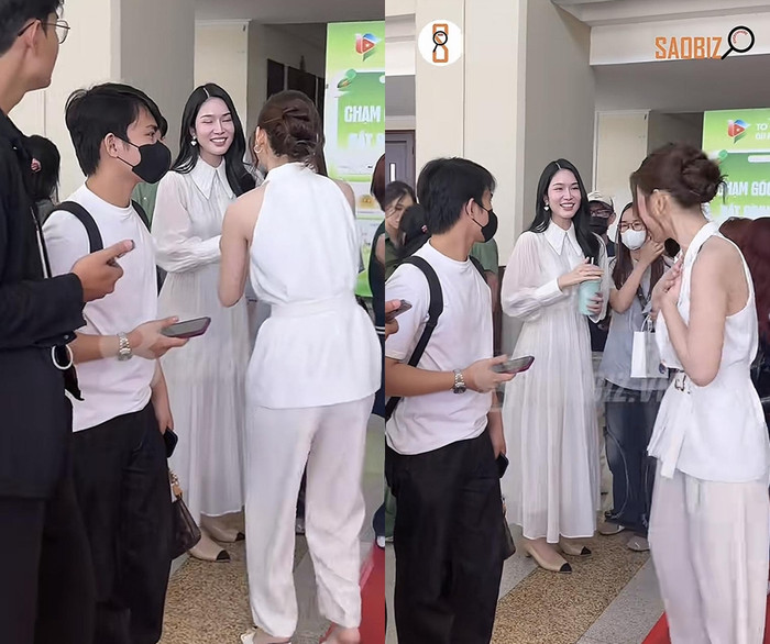 Á hậu Cẩm Ly thân thiện chào Phương Anh khi ra về. (Ảnh chụp màn hình từ TikTok 8Saobiz)