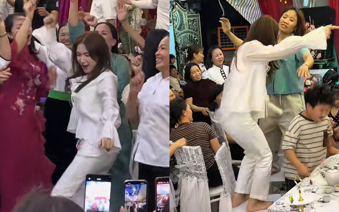 Hòa Minzy đã dành thời gian vui chơi, nhảy múa cùng mọi người khi gia đình có đám cưới. Ảnh chụp màn hình