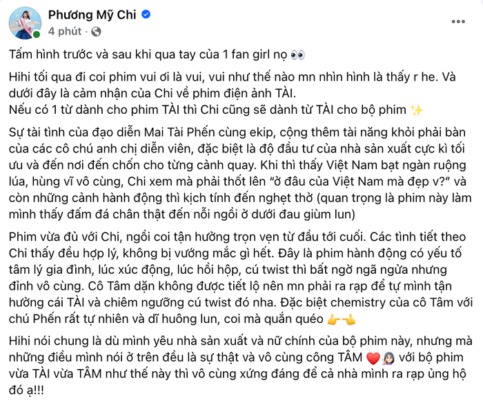 Bài đăng trên trang cá nhân của Phương Mỹ Chi (Ảnh: Chụp màn hình).