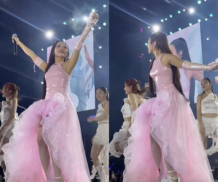 Phương Mỹ Chi nhận về nhiều ý kiến trái chiều của khán giả với trang phục ôm sát phần thân trên. (Ảnh từ TikTok SAVI Entertainment)