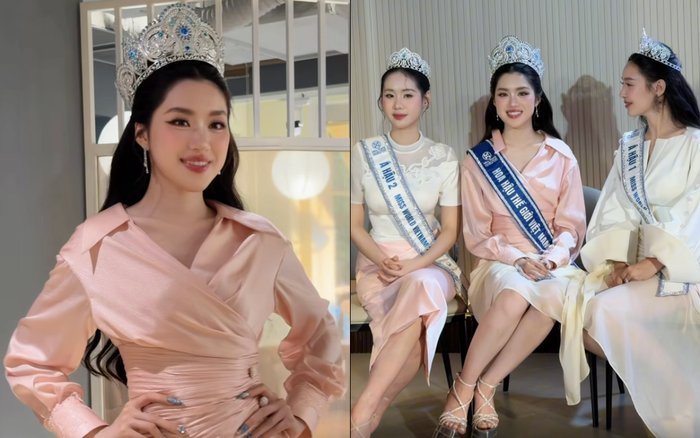 Phương Oanh khoe visual ngọt ngào khi tham gia các hoạt động sau đăng quang cùng hai á hậu. Ảnh chụp màn hình