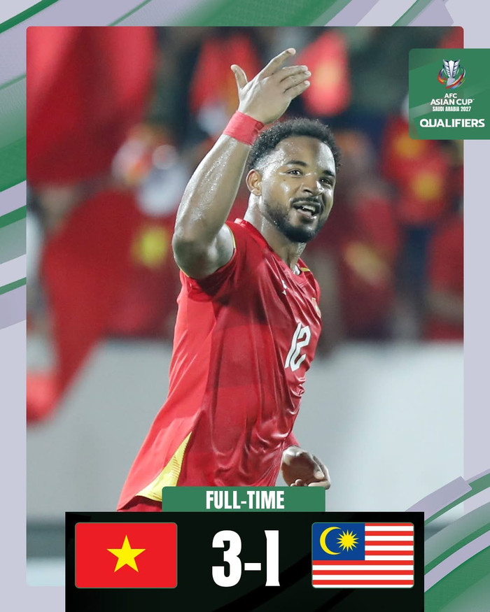 Chiến thắng 3-1 của tuyển Việt Nam trước Malaysia không chỉ được người hâm mộ trong khu vực chú ý, mà còn nhận được đánh giá rõ ràng từ AFC. &nbsp;Ảnh: AFC