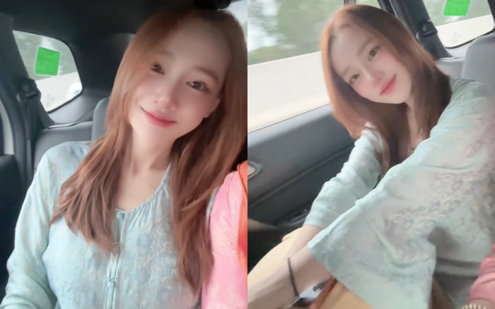 Nhã Phương diện trang phục dịu dàng, nữ tính khi di chuyển đến núi Yên Tử. Ảnh chụp màn hình