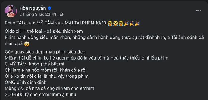 Nữ ca sĩ bày tỏ sự phấn khích cực độ và chấm điểm 10 tuyệt đối cho siêu phẩm của Mỹ Tâm và Mai Tài Phến. - Ảnh: Chụp màn hình FBNV