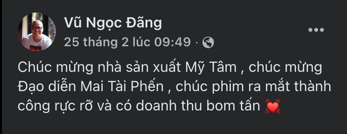 Đạo diễn Vũ Ngọc Đãng dành nhiều lời khen ngợi cho sự chắc tay của 'đàn em' Mai Tài Phến trong vai trò chỉ đạo nghệ thuật. - Ảnh: Chụp màn hình FBNV