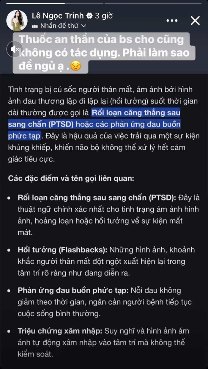 Diễn viên Lê Ngọc Trinh khiến nhiều khán giả lo lắng khi bất ngờ có động thái 'cầu cứu' trên mạng xã hội - Ảnh: Chụp màn hình