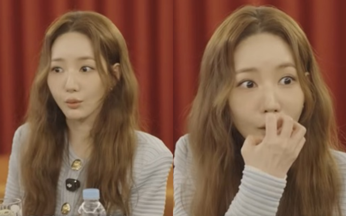 Park Min Young thoải mái thể hiện biểu cảm bất ngờ khi miêu tả về cảnh hôn với Wi Ha Joon. Ảnh chụp màn hình