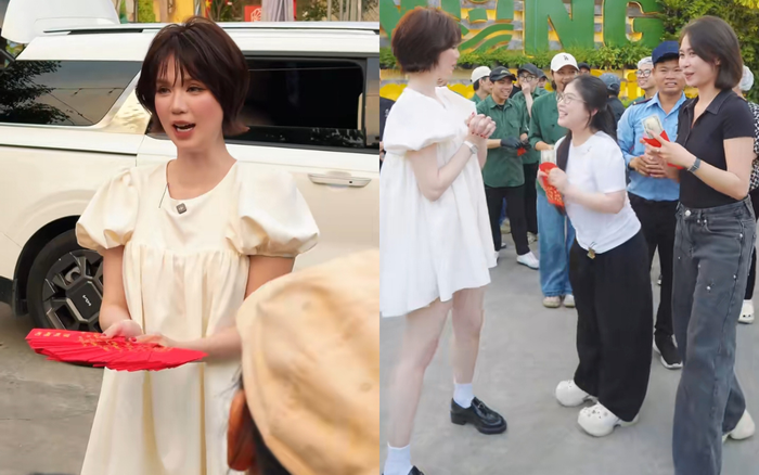 Bốn nhân viên của Ngọc Trinh lộ rõ sự vui mừng khi may mắn rút được phong bao lì xì có trị giá 100 đô. Ảnh chụp màn hình