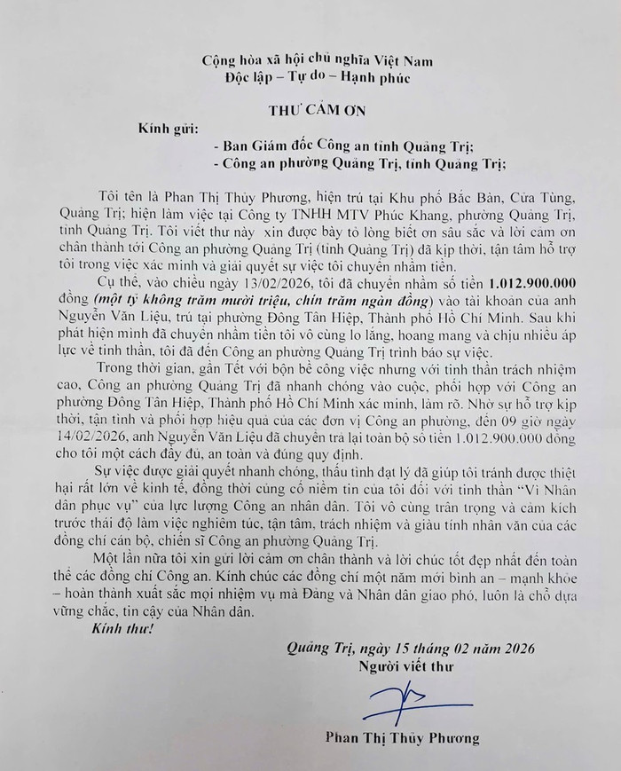 Thư cảm ơn chị Phan Thị Thủy Phương gửi đến Công an tỉnh Quảng Trị. Ảnh: TTĐT Bộ Công an