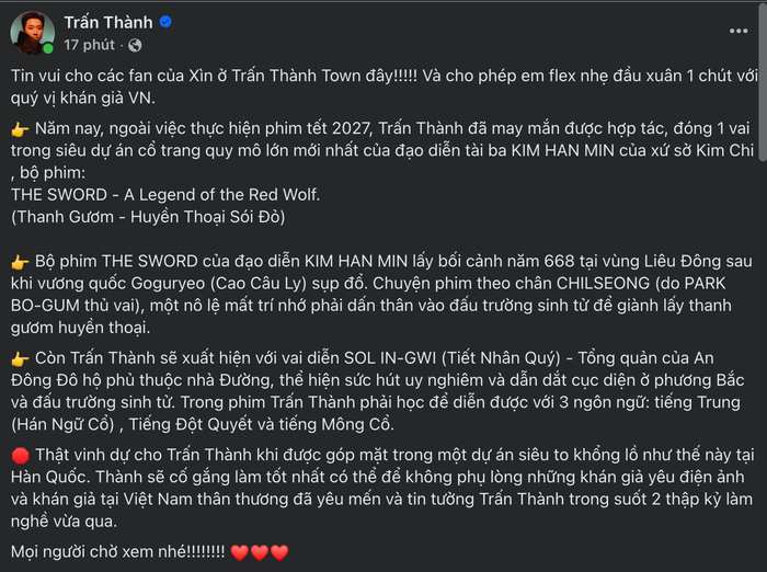 Trấn Thành chia sẻ niềm vui khi tham gia dự án điện ảnh Hàn Quốc. - Ảnh chụp màn hình FBNV