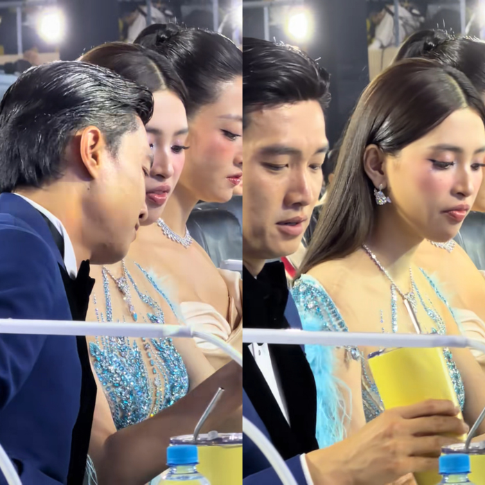 Quốc Trường và Tiểu Vy thoải mái tương tác khi ngồi cạnh nhau tại chung kết Miss World Vietnam 2025. Ảnh chụp màn hình