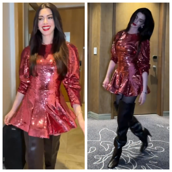 Anne Hathaway tỏa sáng trong váy ngắn đính sequin, gợi nhớ khoảnh khắc kinh điển của The Devil Wears Prada. Ảnh: IGNV