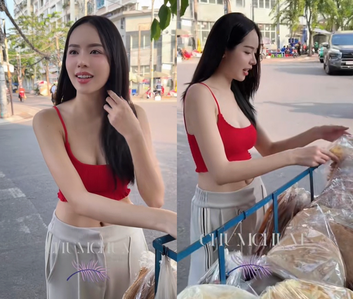 Thanh Thủy lộ rõ sự hào hứng khi mua bánh tráng trong thời gian nghỉ ngơi. Ảnh: Chumchum