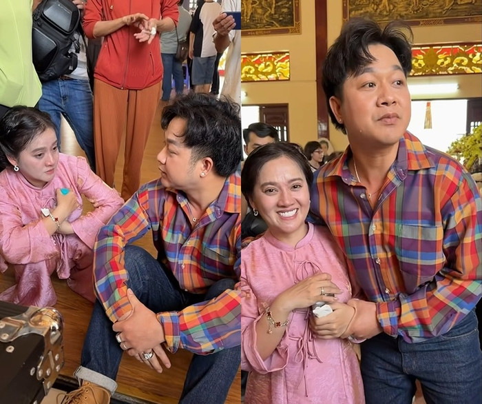 Quách Tuấn Du trò chuyện cùng Hồng Loan ở đám giỗ cố NSƯT Vũ Linh. (Ảnh từ Facebook Khám Phá Cùng Thảo)