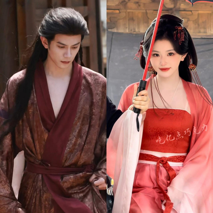 Cận cảnh tạo hình cổ trang đầy sắc sảo của Đặng Khải và Khổng Tuyết Nhi trong hậu trường. - Ảnh: Sohu