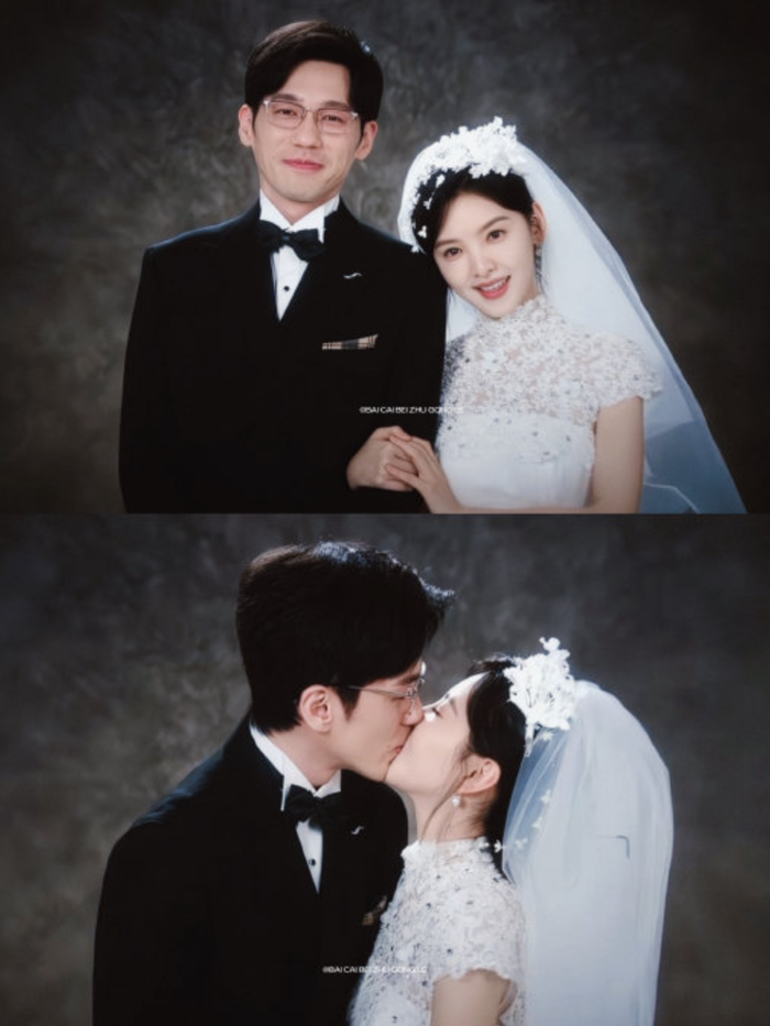 Sự tương tác ngọt ngào giữa nhà biên kịch Từ Thắng Lợi và ca sĩ Trang Trang trong ngày trọng đại. - Ảnh: sohu