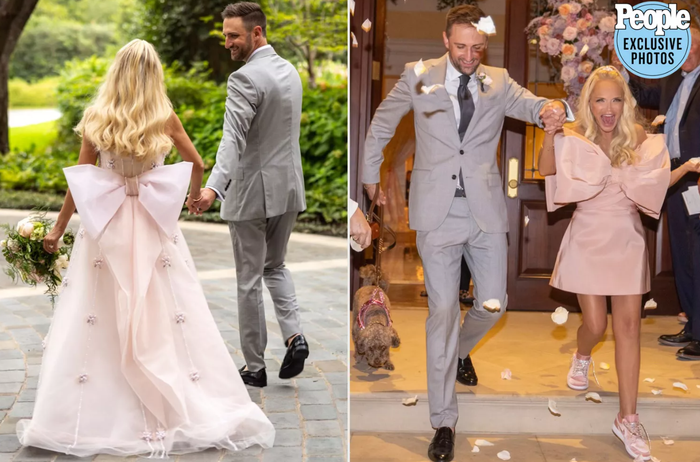 Sutton Foster lựa chọn sắc hồng nổi bật cho cả váy cưới và váy dự tiệc khi kết hôn cùng Josh Bryant tại Dallas vào tháng 9/2023. Nữ diễn viên Broadway cho biết cô không muốn mặc váy trắng truyền thống, thay vào đó yêu cầu nhà thiết kế Pamella Roland tạo nên hai thiết kế đơn giản và thanh lịch nhưng vẫn mang dấu ấn cá nhân. Ảnh: people