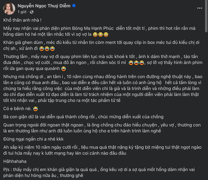 Chia sẻ của Thuý Diễm trên trang cá nhân về vai diễn của chồng nhanh chóng nhận được nhiều tương tác từ khán giả. - Ảnh: Chụp màn hình FBNV&nbsp;