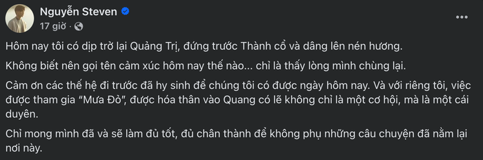 Bài chia sẻ đầy cảm xúc của nam diễn viên trên trang cá nhân về chuyến đi ý nghĩa sau kỷ lục 714 tỷ từ Mưa Đỏ ( 2025). -&nbsp;