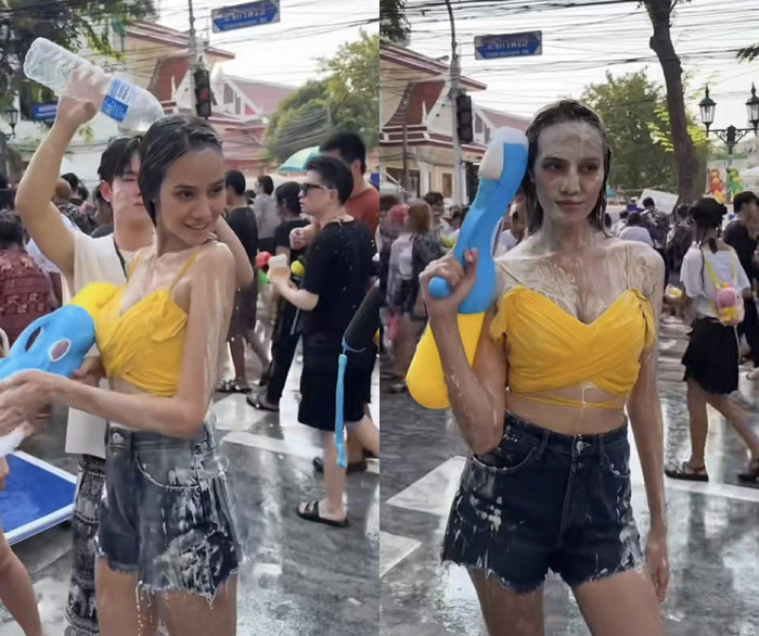 Hình ảnh Opal Suchata, đương kim Miss World tham gia lễ hội tại Thái Lan khiến nhiều khán giả thích thú. Ảnh chụp màn hình từ TikTok Opal.for.you (FC).