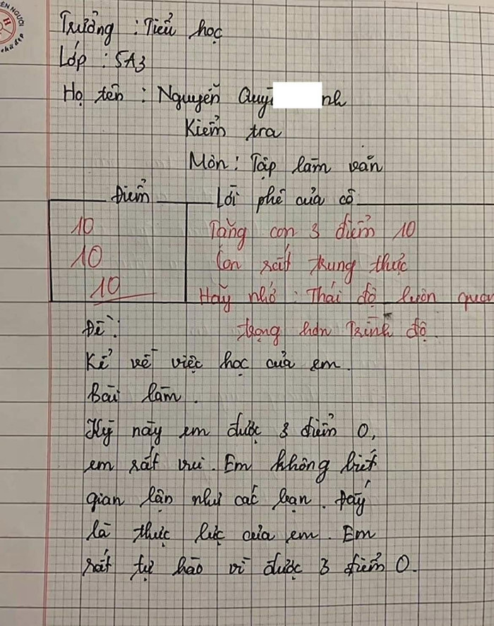 Bài văn tiểu học đạt 3 điểm 10, giáo viên viết lời phê gây tranh cãi Ảnh 1