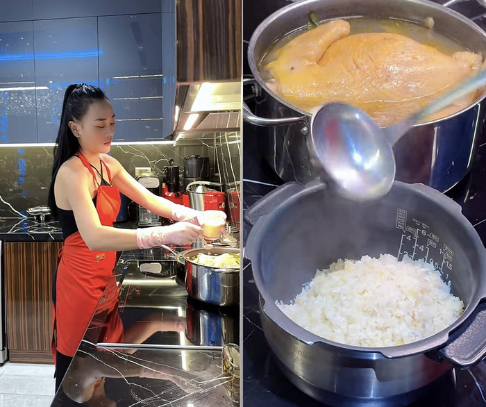 Nữ diễn viên dùng nước luộc gà để nấu cơm.