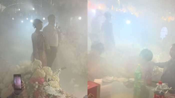 Mới đây, một tiệc cưới tại khách sạn ở Liêu Ninh, Trung Quốc, đột nhiên bị bao phủ bởi khói. (Ảnh chụp màn hình từ video)