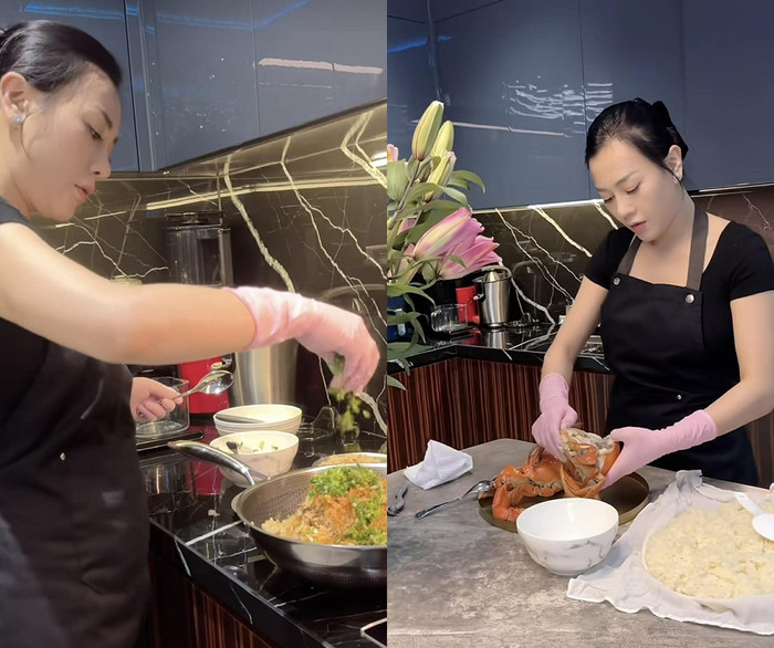 Phương Oanh kì công chuẩn bị món xôi cua hấp dẫn.