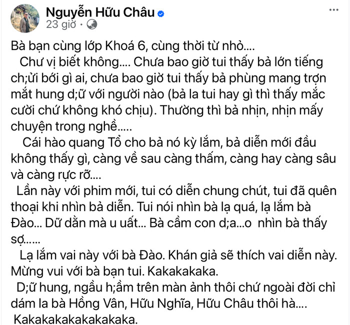 NSƯT Hữu Châu dành nhiều lời khen 'có cánh' cho sự thăng hoa trong nghệ thuật của người bạn thân trên trang cá nhân.&nbsp;