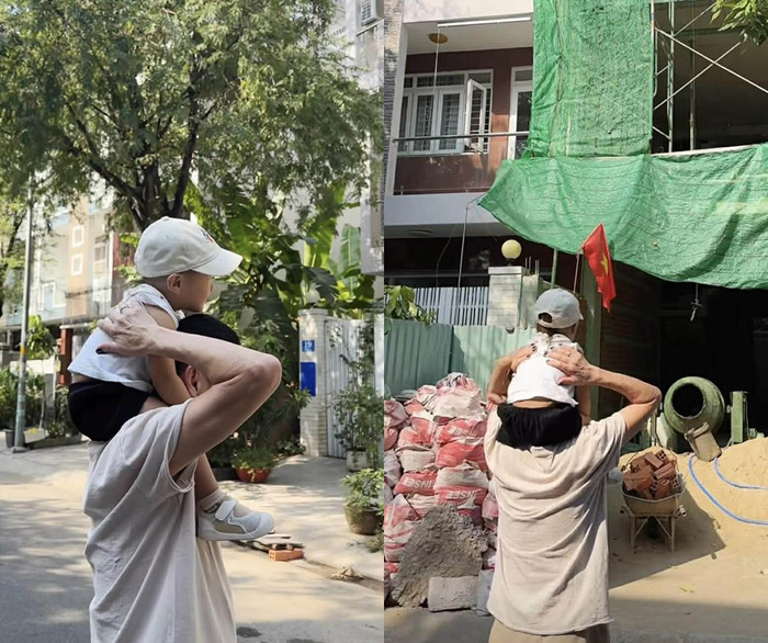 Diễn viên Quang Minh cùng con trai đến một công trình đang được xây dựng.