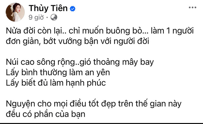 Bình yên sau những sóng gió, vợ của Lê Công Vinh, ca sĩ Thủy Tiên có chia sẻ mới nhất gây chú ý. Ảnh chụp màn hình