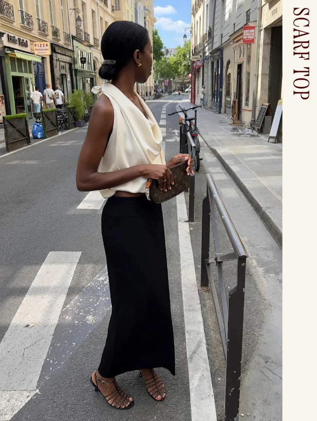 Scarf top là xu hướng nổi bật năm 2026. Điểm thú vị là bạn có thể biến nó thành áo, khăn choàng tóc hoặc thắt lưng, giúp outfit đa dạng hơn chỉ với một món đồ. Ảnh: @sylviemus_