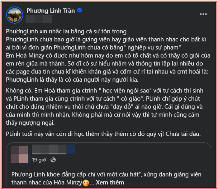 Phương Linh đính chính thông tin sai lệch về Hòa Minzy Ảnh 2