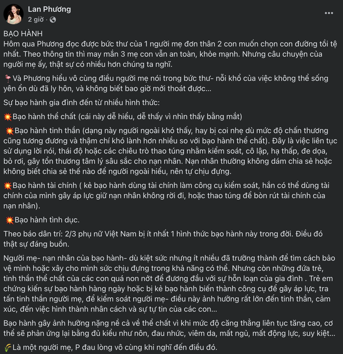Chía sẻ của nữ diễn viên trên trang cá nhân, nhanh chóng nhận được nhiều sự đồng cảm. - Ảnh chụp màn hình FBNV.&nbsp;