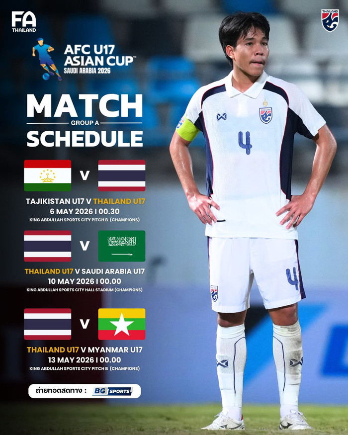 Tại VCK U17 châu Á 2026, đội tuyển U17 Thái Lan rơi vào bảng A cùng Saudi Arabia, Tajikistan và Myanmar. Ảnh: FAT