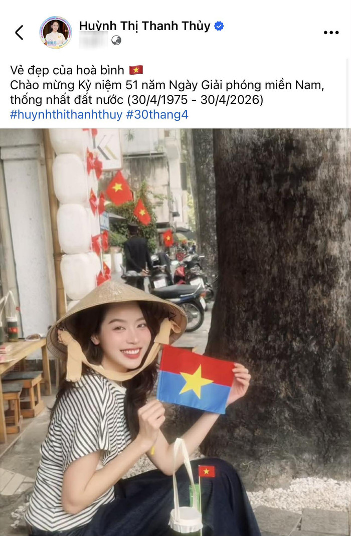 Hoa hậu Thanh Thủy chia sẻ khoảnh khắc trẻ trung, năng động kèm dòng chú thích: 'Vẻ đẹp của hòa bình'.