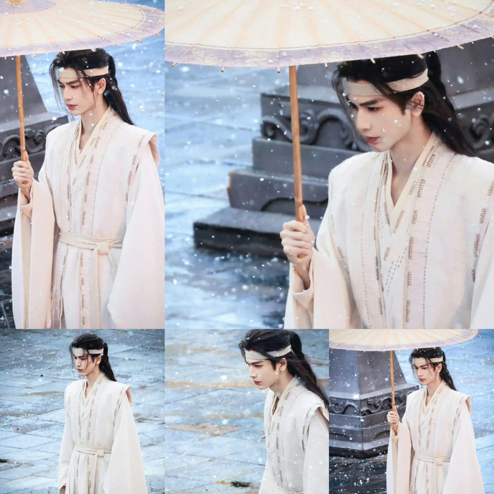 Cảnh Trương Lăng Hách trong vai Tiêu Lệ đứng dưới tuyết cầm ô trên phim trường Quy Loan, bi ai mà thanh khiết. - Ảnh: Weibo