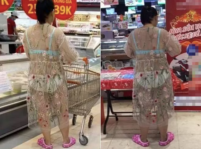 Người phụ nữ đi siêu thi ăn mặc hớ hênh khiến nhiều người ngại đỏ mặt.