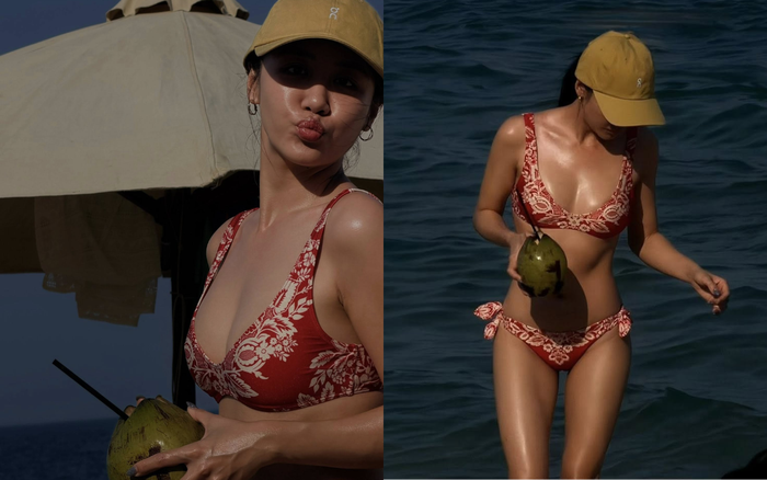 Văn Mai Hương vui vẻ chụp hình khi diện đồ bơi nổi bật. Ảnh: FBNV