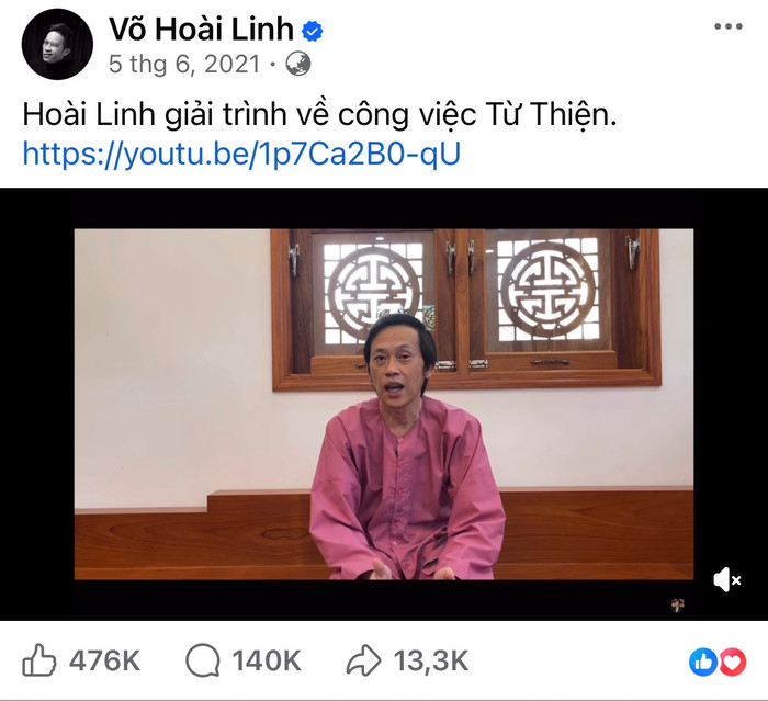 Bài đăng gần nhất của Hoài Linh có tương tác rất lớn.