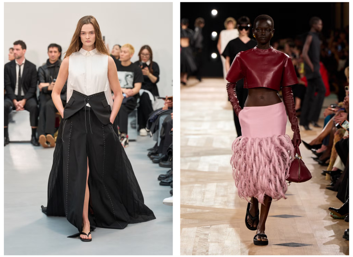 Dép kẹp không còn đơn thuần là item casual. Các phiên bản đế phẳng, dây da bản nhỏ mang tinh thần thập niên 90, gợi nhớ phong cách của Kate Moss, đang được nhiều nhà mốt như Balenciaga làm mới.