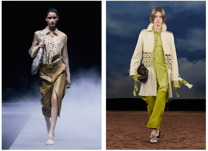 Nếu trước đây họa tiết da báo chiếm ưu thế, thì năm nay, vân da rắn trở thành tâm điểm. Các thiết kế từ Burberry mang đến lựa chọn mới mẻ, đặc biệt phù hợp khi phối cùng các gam màu xanh olive hoặc vàng chanh.