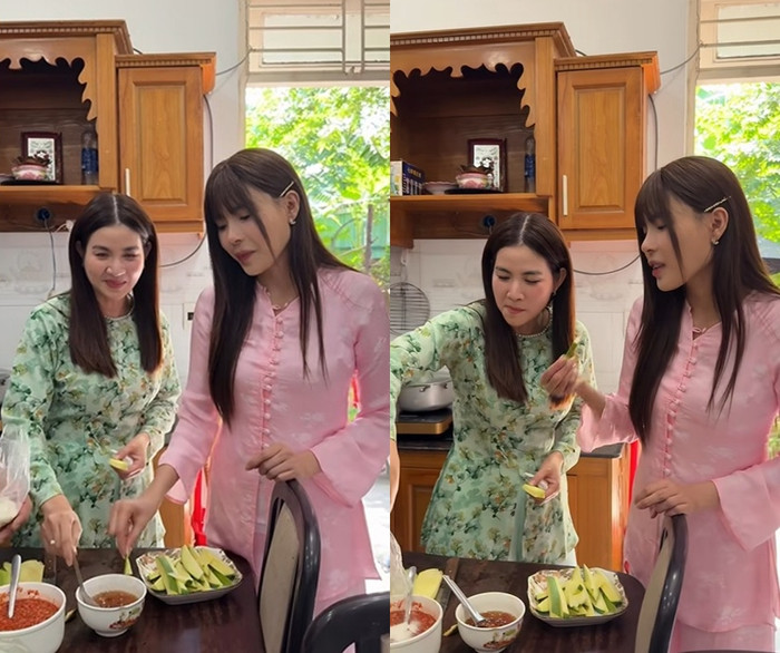 Thúy Diễm chia sẻ khoảnh khắc ăn vặt cùng các đồng nghiệp khi quay phim, trong đó có diễn viên Kha Ly.